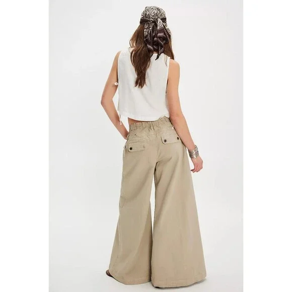 Free People Julien Wide-Leg Chino Trousers Pants Pleated Cotton XL NEW 282589 - Picture 4 of 9